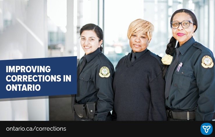 Image featuring three correctional officers with the text 'Improving Corrections in Ontario' overhead. The announcement reveals that 32 newly graduated officers will be deployed to Northwestern Ontario correctional facilities, symbolizing a commitment to enhancing the correctional system in the region.
