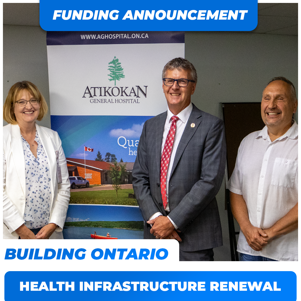 Featured image showing Atikokan Mayor Rob Ferguson, MPP Kevin Holland, and CEO Jennifer Learner at the podium about the hospital funding, with text overlay reading 'Funding Announcement.' This powerful image symbolizes a major step forward for healthcare in Atikokan, reflecting the community's commitment to progress and well-being.