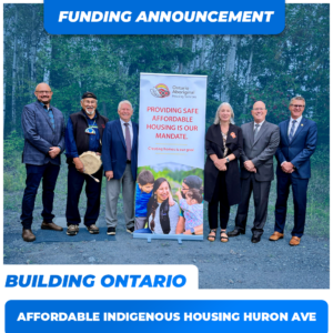Featured image of key figures including Minister Patty Hajdu, MPP Kevin Holland, Mayor Ken Boshcoff, the President of OAHS and an Indigenous Chief at the Indigenous housing funding event, with 'Funding Announcement' text overlay. The image symbolizes a united stand among diverse leaders for advancing Indigenous housing solutions.