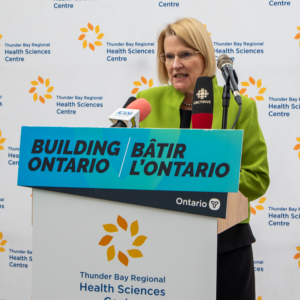 Close-up of Minister Sylvia Jones delivering her remarks during the health infrastructure announcement at Thunder Bay Regional Health Sciences Centre.